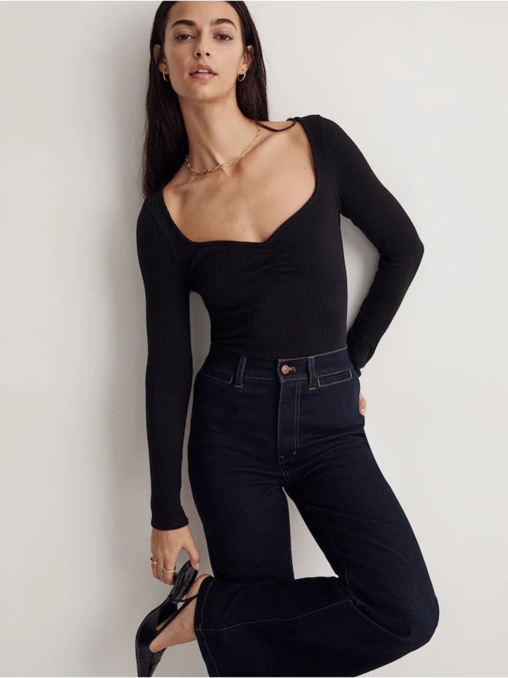BLOWOUT SALE! Madewell Black Ribbed Sweetheart Long Sleeve Top
